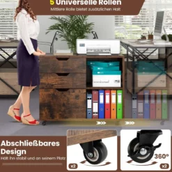 Rollcontainer mit 3 Schubladen Aktenschrank mit Rollen und offenen Fächern Weiß/Rustikal Braun