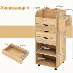Rollcontainer mit 3 Schubladen & 2 Rollstangen & 3 Fächern Bastelwagen Rollwagen Natur