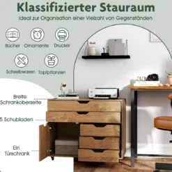 Rollcontainer mit 5 Schubladen & Schrank Mobiler Aktenschrank Schubladenschrank Bürocontainer Natur