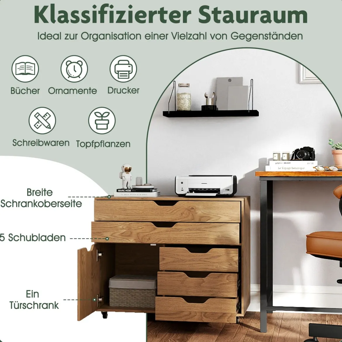 Rollcontainer mit 5 Schubladen & Schrank Mobiler Aktenschrank Schubladenschrank Bürocontainer Natur