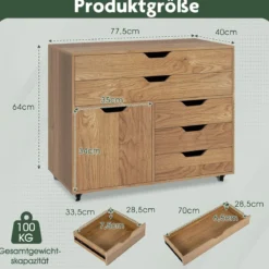Rollcontainer mit 5 Schubladen & Schrank Mobiler Aktenschrank Schubladenschrank Bürocontainer Natur