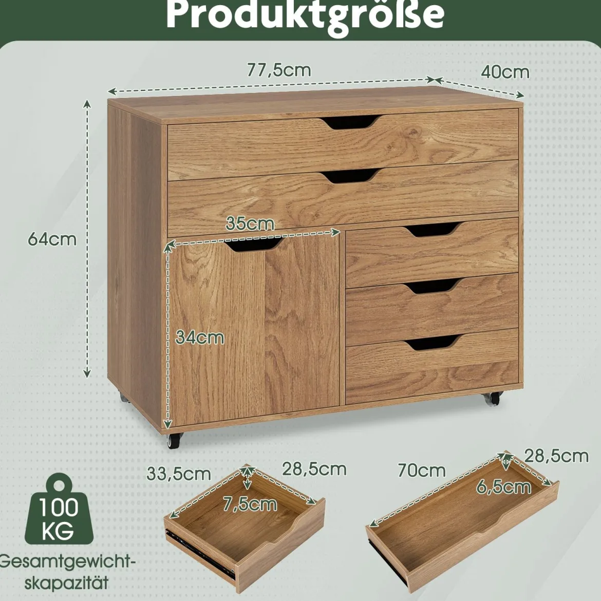 Rollcontainer mit 5 Schubladen & Schrank Mobiler Aktenschrank Schubladenschrank Bürocontainer Natur