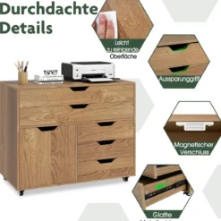 Rollcontainer mit 5 Schubladen & Schrank Mobiler Aktenschrank Schubladenschrank Bürocontainer Natur
