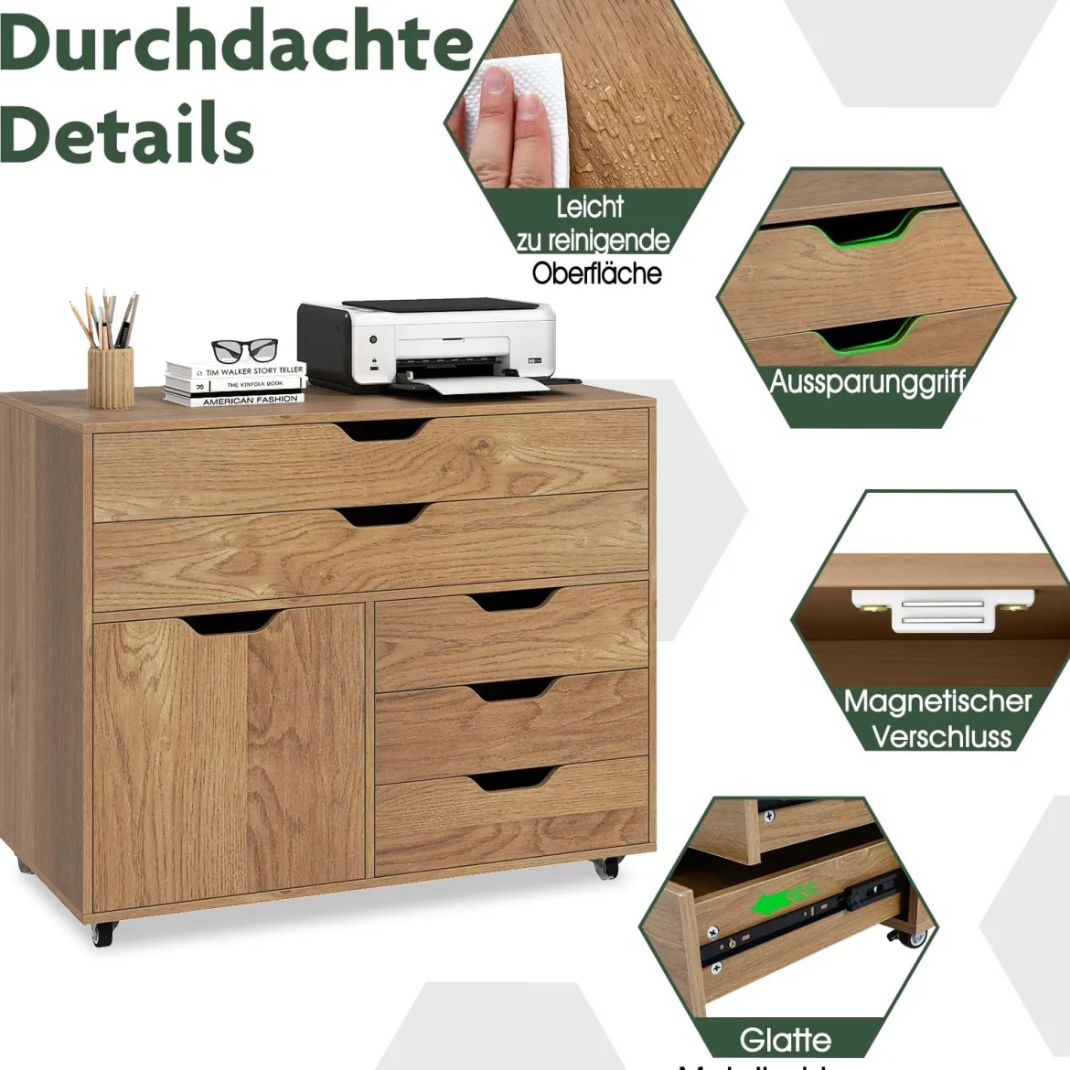 Rollcontainer mit 5 Schubladen & Schrank Mobiler Aktenschrank Schubladenschrank Bürocontainer Natur
