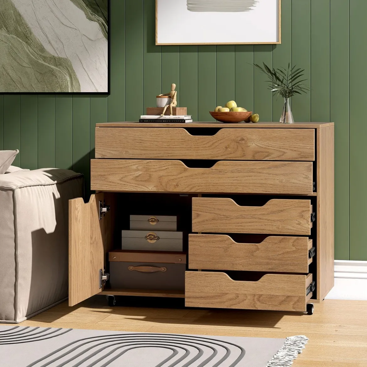 Rollcontainer mit 5 Schubladen & Schrank Mobiler Aktenschrank Schubladenschrank Bürocontainer Natur