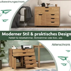 Rollcontainer mit 5 Schubladen & Schrank Mobiler Aktenschrank Schubladenschrank Bürocontainer Natur