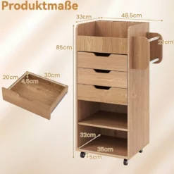 Rollcontainer mit 3 Schubladen 2 Rollstangen & 3 Fächern Bastelwagen 48,5 x 33,5 x 85,5 cm