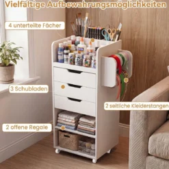 Rollcontainer mit 3 Schubladen 2 Rollstangen & 3 Fächern Bastelwagen 48,5 x 33,5 x 85,5 cm