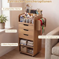 Rollcontainer mit 3 Schubladen 2 Rollstangen & 3 Fächern Bastelwagen 48,5 x 33,5 x 85,5 cm