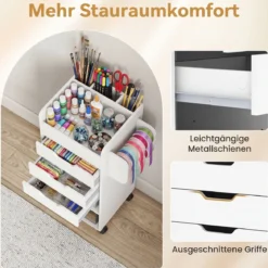 Rollcontainer mit 3 Schubladen 2 Rollstangen & 3 Fächern Bastelwagen 48,5 x 33,5 x 85,5 cm