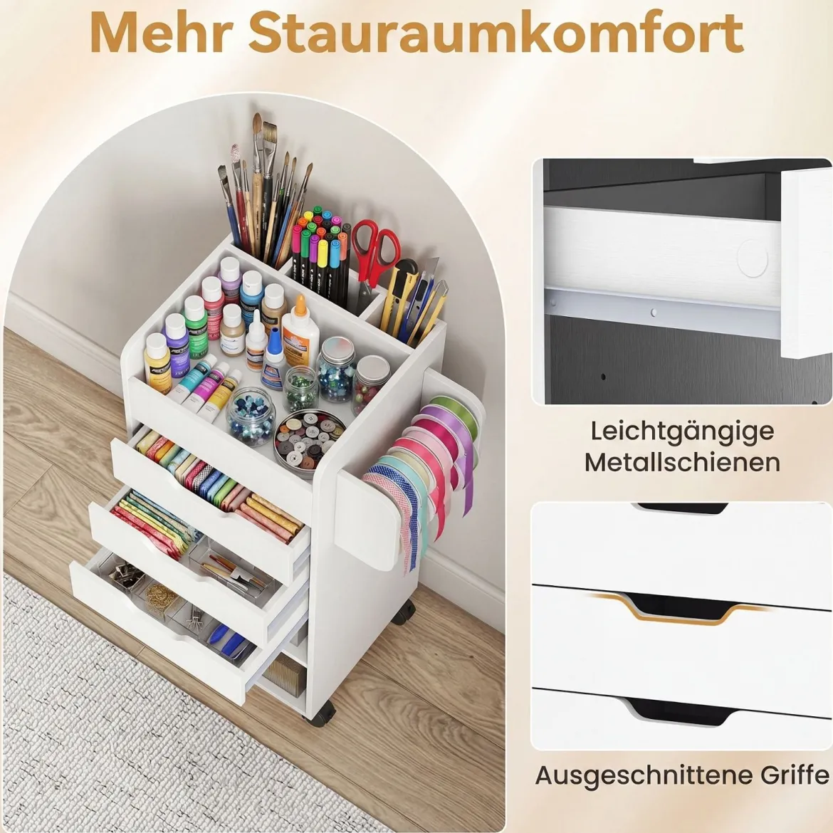 Rollcontainer mit 3 Schubladen 2 Rollstangen & 3 Fächern Bastelwagen 48,5 x 33,5 x 85,5 cm
