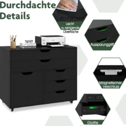 Rollcontainer mit 5 Schubladen & Schrank Mobiler Aktenschrank Schubladenschrank Bürocontainer Schwarz