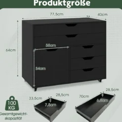 Rollcontainer mit 5 Schubladen & Schrank Mobiler Aktenschrank Schubladenschrank Bürocontainer Schwarz