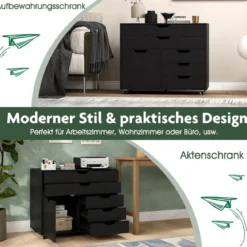 Rollcontainer mit 5 Schubladen & Schrank Mobiler Aktenschrank Schubladenschrank Bürocontainer Schwarz