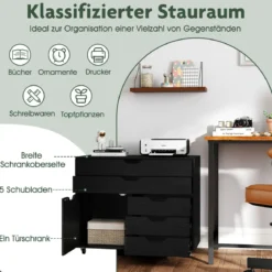 Rollcontainer mit 5 Schubladen & Schrank Mobiler Aktenschrank Schubladenschrank Bürocontainer Schwarz