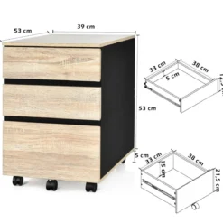 Rollcontainer mit 3 Schubladen Büroschrank für Dokumente und Briefe mit Rädern Natur