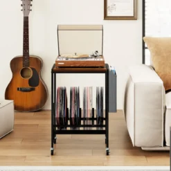 Rollender Plattenspieler-Ständer Vinyl-Schallplattentisch mit Vinylaufbewahrung & Zeitschriftenhalter Rustikales Braun
