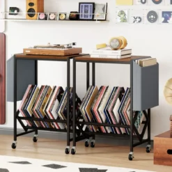 Rollender Plattenspieler-Ständer Vinyl-Schallplattentisch mit Vinylaufbewahrung & Zeitschriftenhalter Rustikales Braun