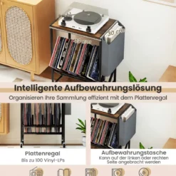 Rollender Plattenspieler-Ständer Vinyl-Schallplattentisch mit Vinylaufbewahrung & Zeitschriftenhalter Rustikales Braun