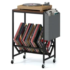 Rollender Plattenspieler-Ständer Vinyl-Schallplattentisch mit Vinylaufbewahrung & Zeitschriftenhalter Rustikales Braun
