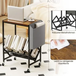 Rollender Plattenspieler-Ständer Vinyl-Schallplattentisch mit Vinylaufbewahrung & Zeitschriftenhalter Rustikales Braun