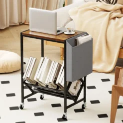 Rollender Plattenspieler-Ständer Vinyl-Schallplattentisch mit Vinylaufbewahrung & Zeitschriftenhalter Rustikales Braun