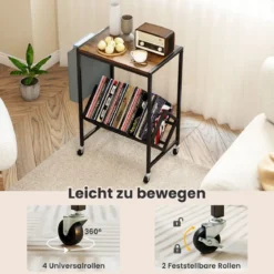 Rollender Plattenspieler-Ständer Vinyl-Schallplattentisch mit Vinylaufbewahrung & Zeitschriftenhalter Rustikales Braun