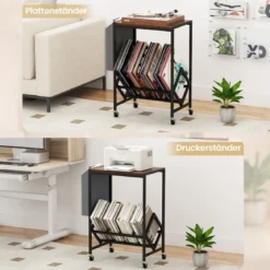 Rollender Plattenspieler-Ständer Vinyl-Schallplattentisch mit Vinylaufbewahrung & Zeitschriftenhalter Rustikales Braun