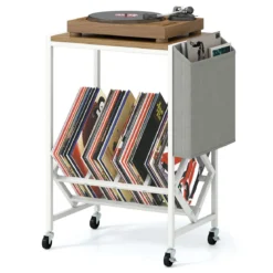 Rollender Plattenspieler-Ständer Vinyl-Schallplattentisch mit Vinylaufbewahrung & Zeitschriftenhalter Natur