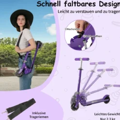 Roller Kinder klappbar Kinderroller mit LED-Räder Lenker Ständer & Tragegurt Scooter Lila