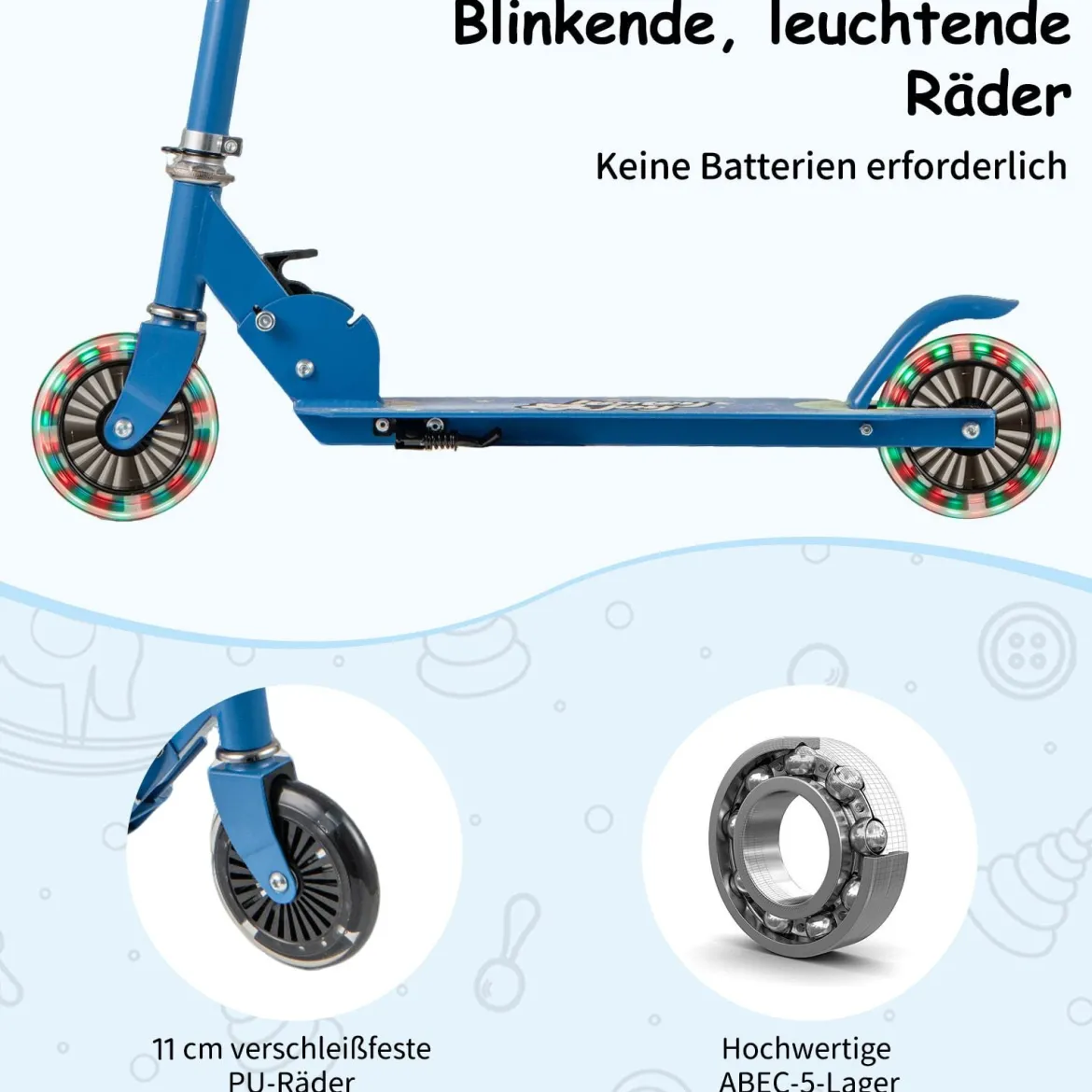 Roller Kinder klappbar Kinderroller mit LED-Räder Lenker Ständer & Tragegurt Scooter Blau