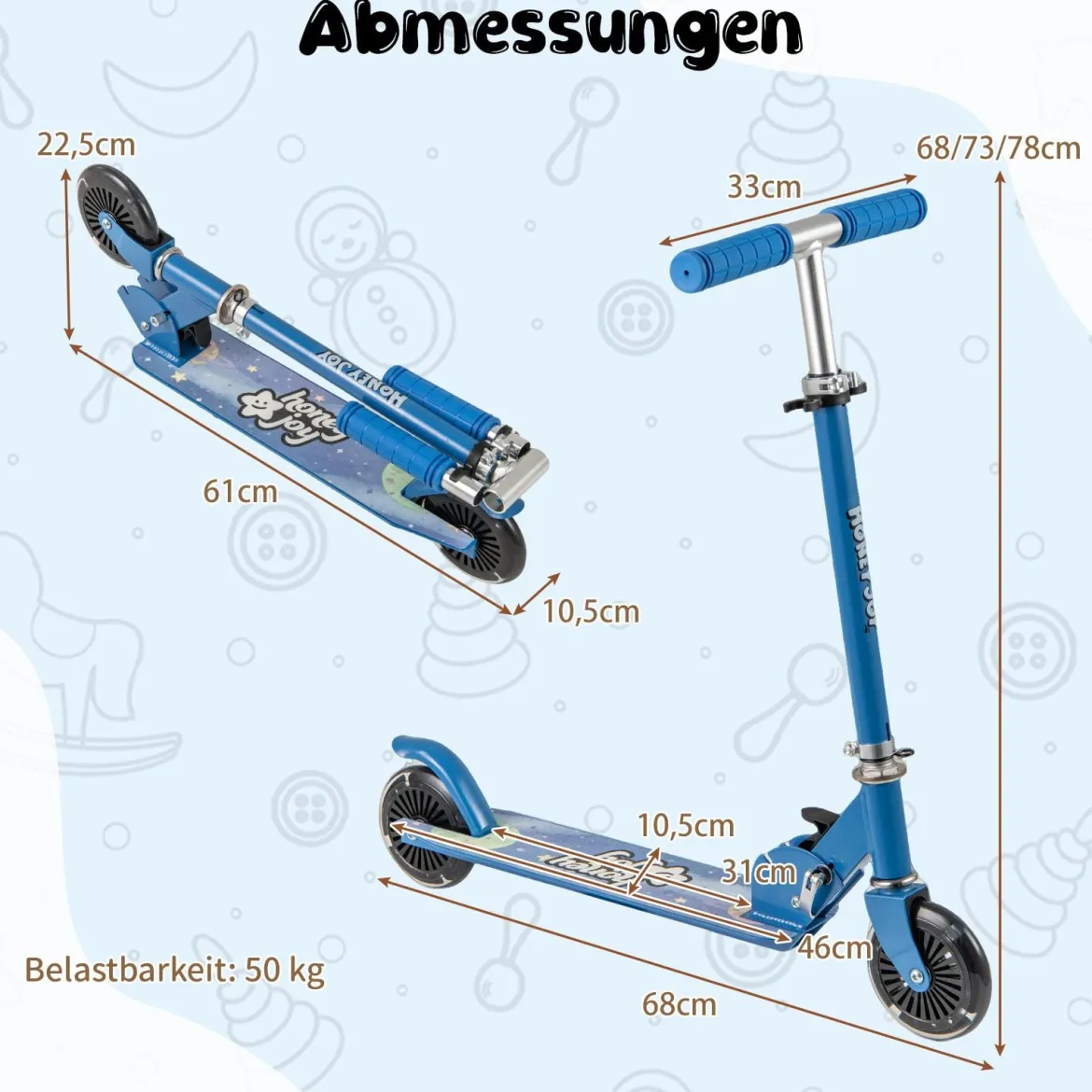 Roller Kinder klappbar Kinderroller mit LED-Räder Lenker Ständer & Tragegurt Scooter Blau
