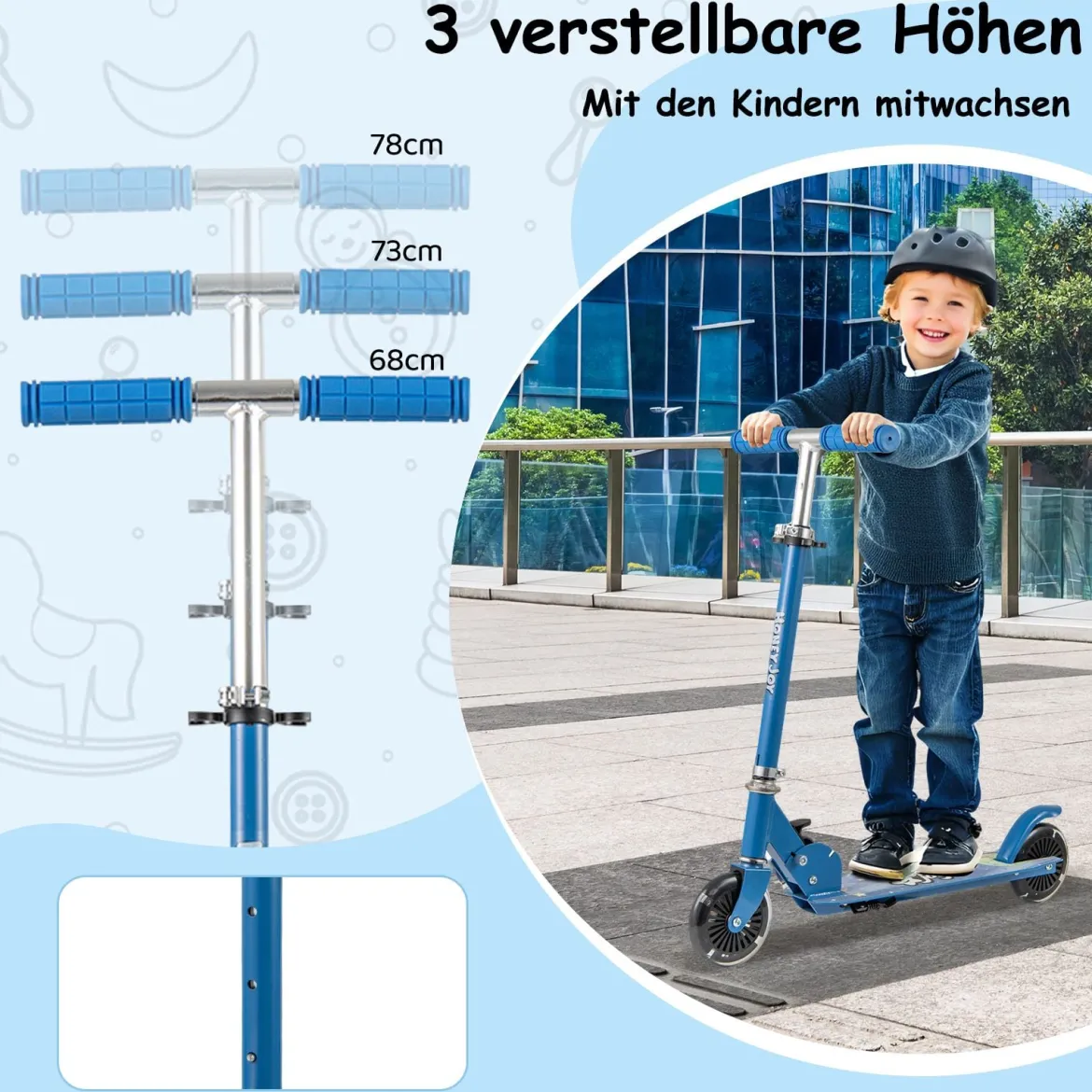 Roller Kinder klappbar Kinderroller mit LED-Räder Lenker Ständer & Tragegurt Scooter Blau
