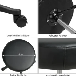Rollhocker Drehhocker verstellbar Salonhocker mit Kunstledersitz Hocker hydraulisch Schwarz