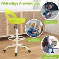 Rollhocker Höhenverstellbar Drehhocker mit Rollen 88-100 cm Arbeitshocker mit Kunstleder bezogener Sitz Grün