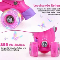 Rollschuhe verstellbar in 4 Größen EU 38-41 Quad Skates mit 4 Leuchtenden Rädern Blau/Rosa