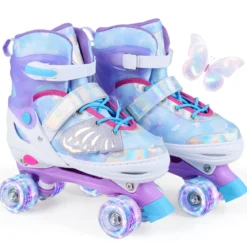 Rollschuhe verstellbar in 4 Größen EU 38-41 Quad Skates mit 4 Leuchtenden Rädern Blau/Rosa