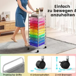 Rollwagen mit 10 Schubladen Trolley mit verchromtem Metallrahmen und abschließbaren Universalrollen Organizer Bunt