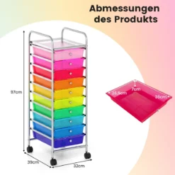Rollwagen mit 10 Schubladen Trolley mit verchromtem Metallrahmen und abschließbaren Universalrollen Organizer Bunt