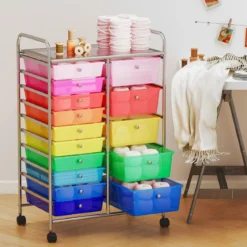Rollwagen mit 10 Schubladen Trolley mit verchromtem Metallrahmen und abschließbaren Universalrollen Organizer Bunt 38 x 32 x 97 cm