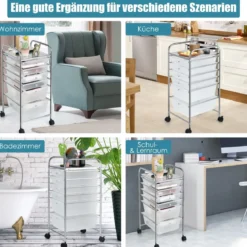 Rollwagen mit 6 stapelbaren Schubladen & Metallgestell & Ablagefläche Transparent