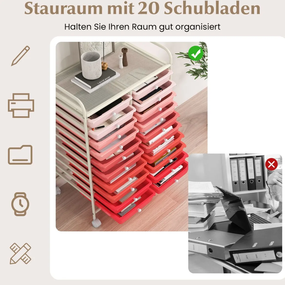 Rollwagen mit 20 Stapelbaren Schubladen & Metallgestell Rollcontainer Badrollwagen