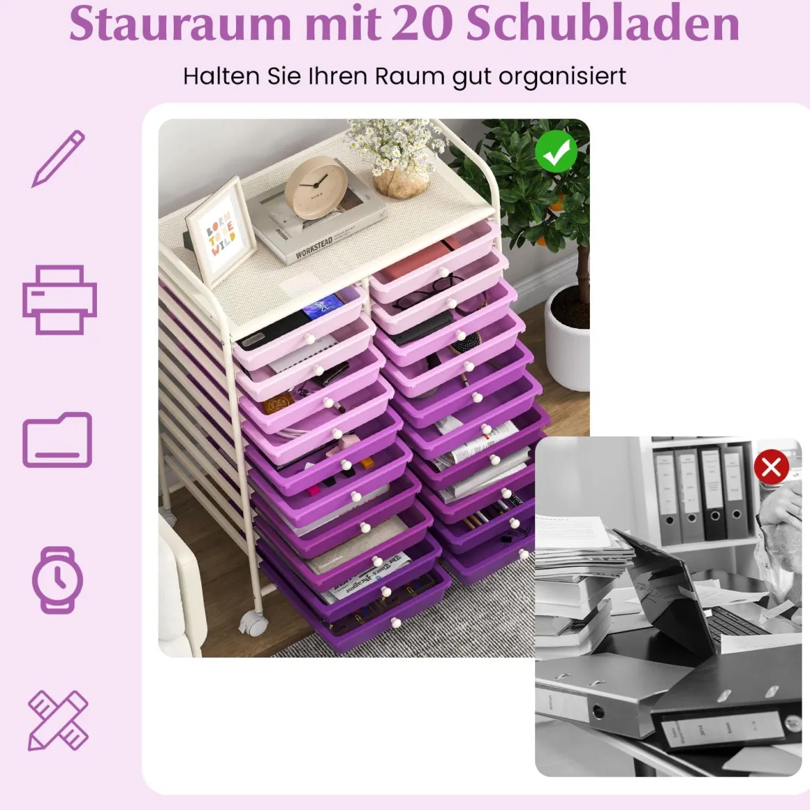 Rollwagen mit 20 Stapelbaren Schubladen & Metallgestell Rollcontainer Badrollwagen