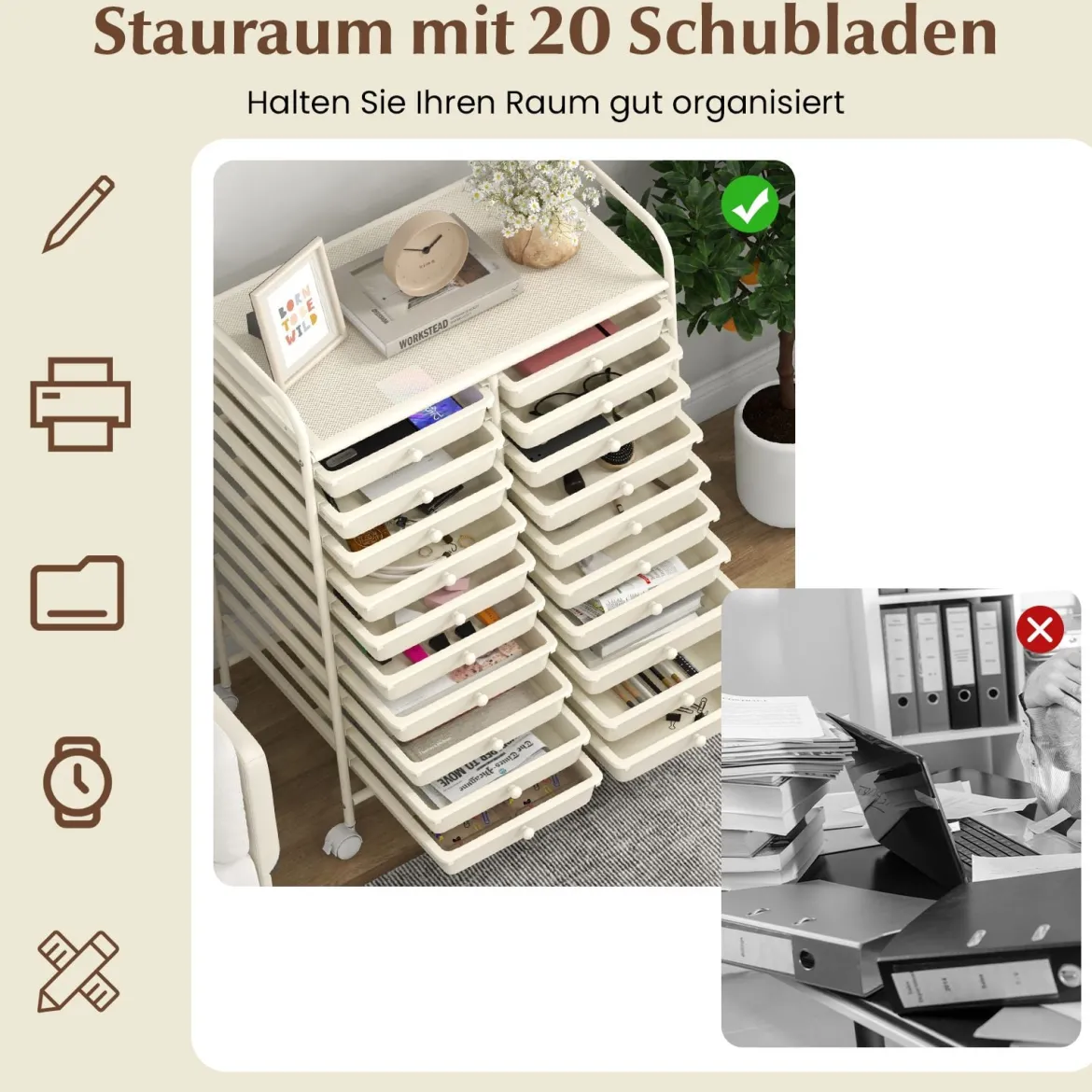 Rollwagen mit 20 Stapelbaren Schubladen & Metallgestell Rollcontainer Badrollwagen