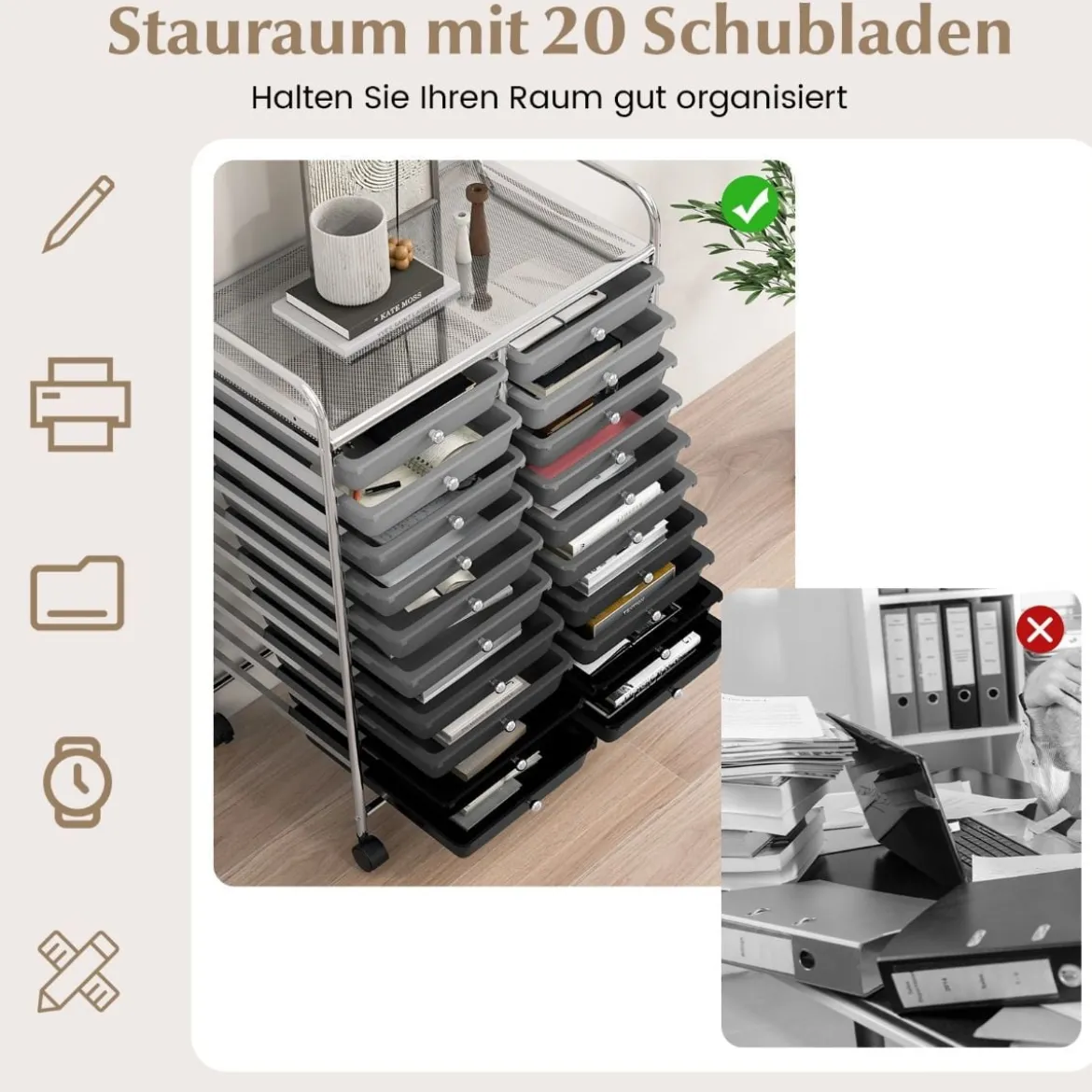 Rollwagen mit 20 Stapelbaren Schubladen & Metallgestell Rollcontainer Badrollwagen
