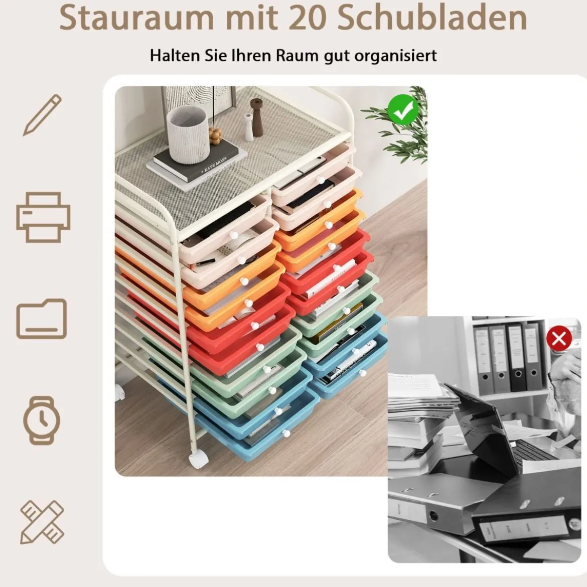 Rollwagen mit 20 Stapelbaren Schubladen & Metallgestell Rollcontainer Badrollwagen
