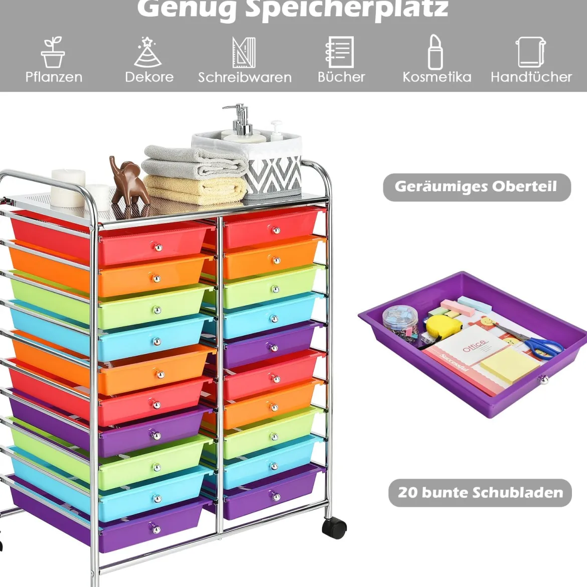 Rollwagen mit 20 Stapelbaren Schubladen & Metallgestell Rollcontainer Badrollwagen