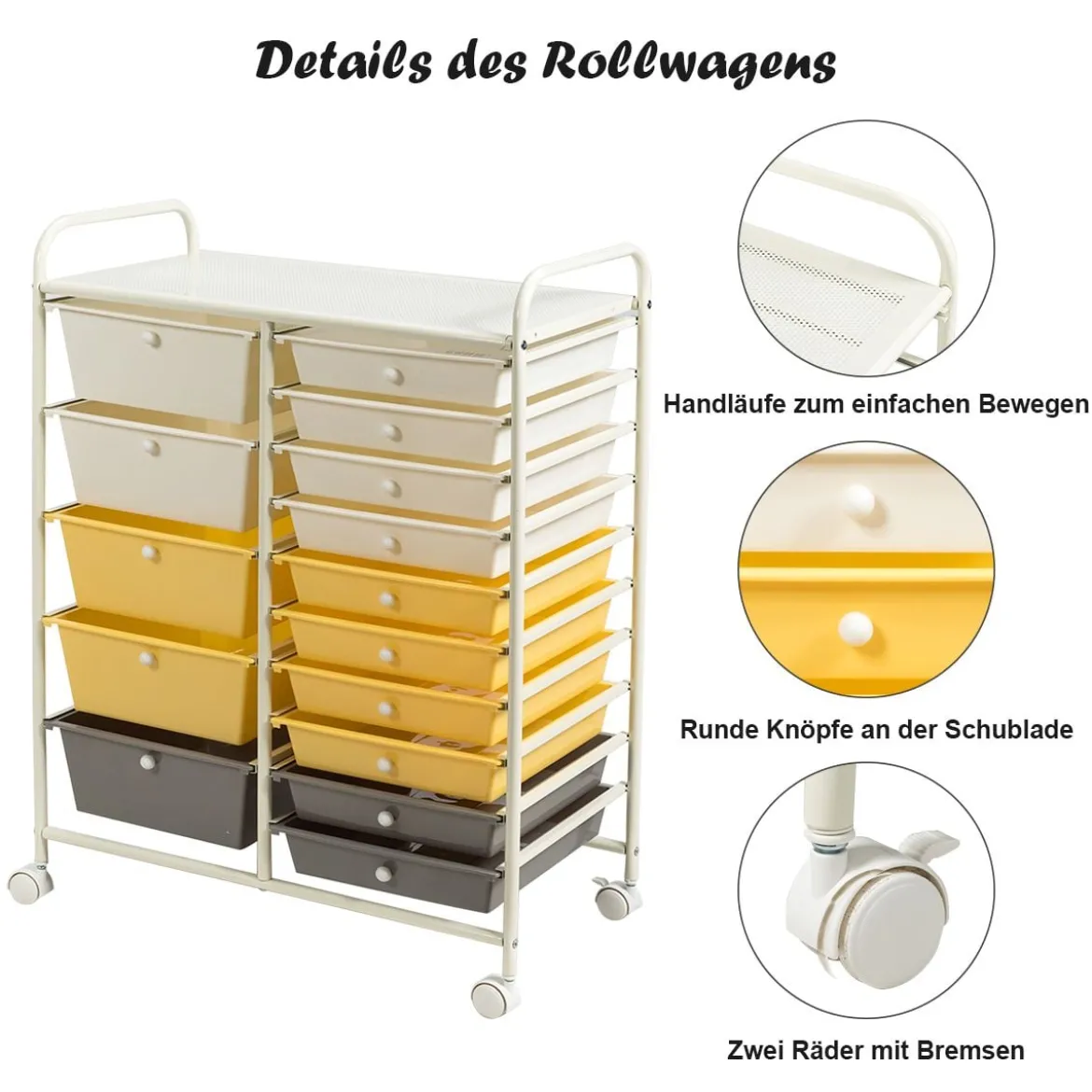 Rollwagen mit 15 stapelbaren Schubladen Rollcontainer Beistellwagen mit 15 Schubladen