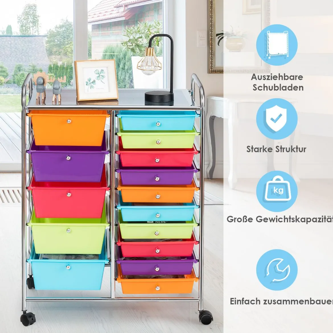 Rollwagen mit 15 stapelbaren Schubladen Rollcontainer Beistellwagen mit 15 Schubladen