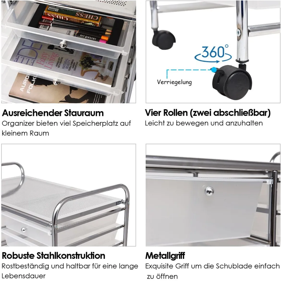Rollwagen mit 15 stapelbaren Schubladen Rollcontainer Beistellwagen mit 15 Schubladen